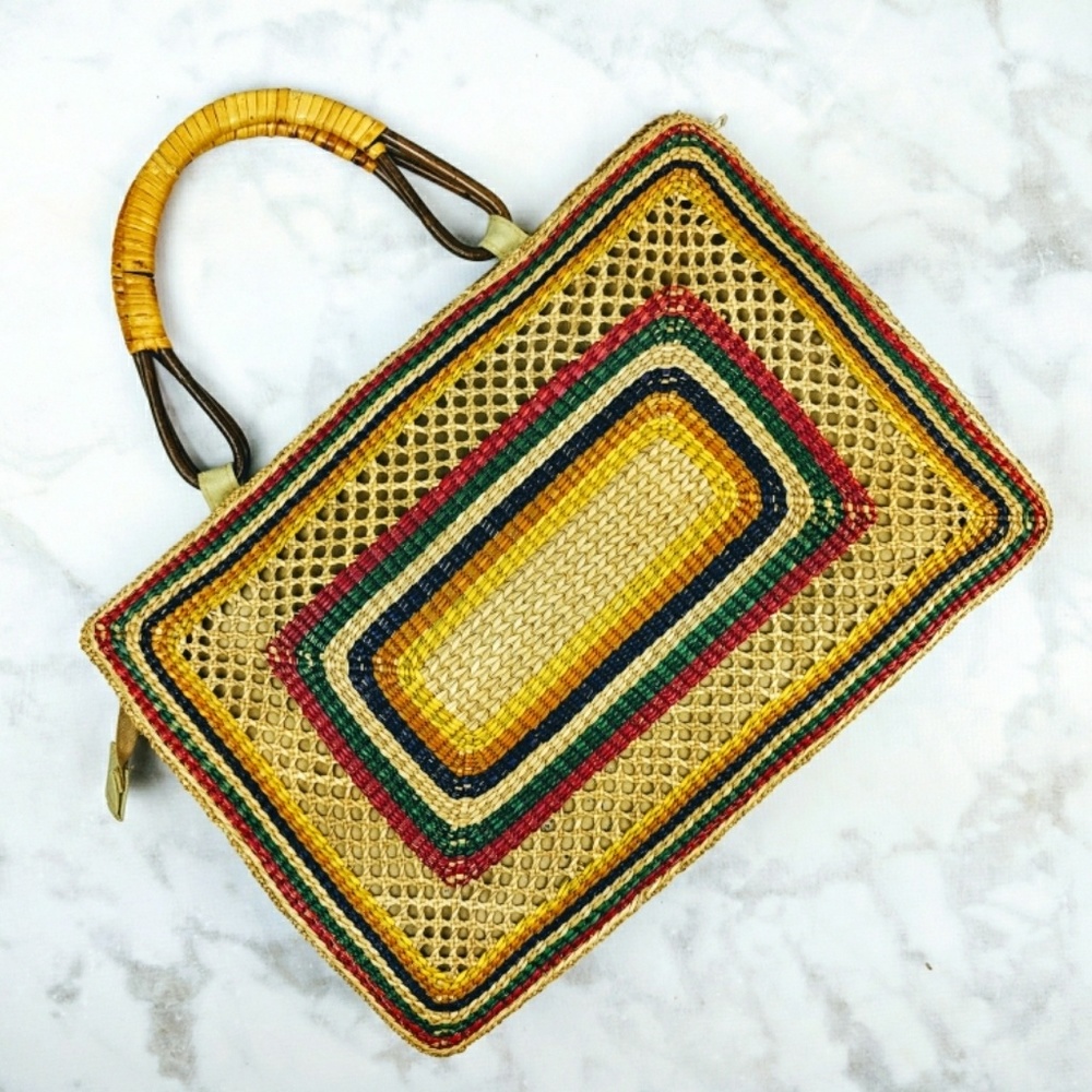 Vintage Red, Green and Yellow wicker tote